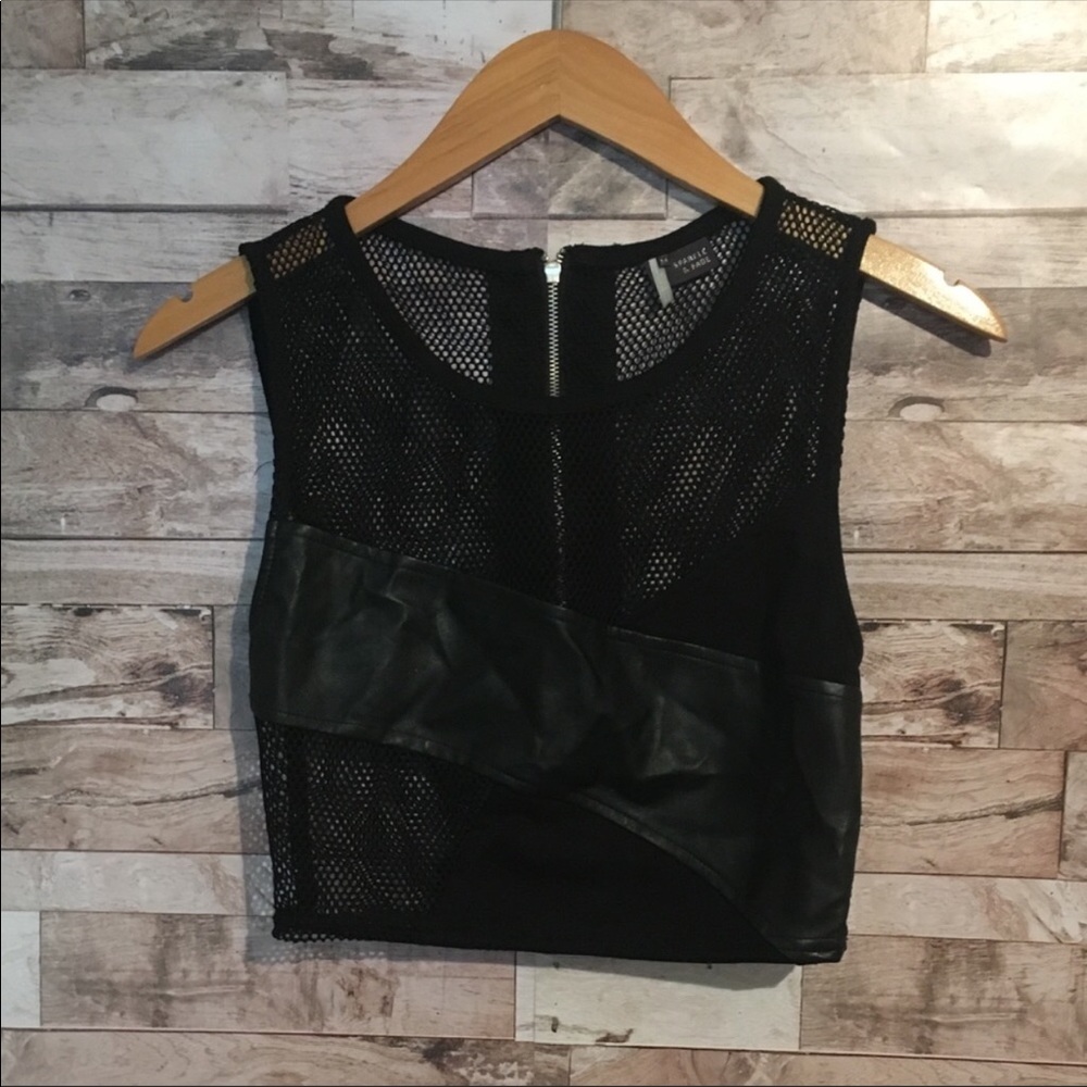 Sparkle & Fade black fishnet/leather croptop